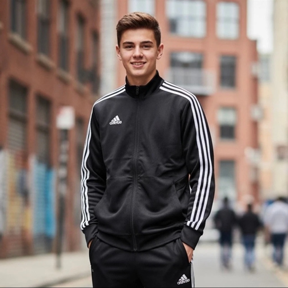 Adidas Black Zip Up Track Jacket | White Stripes | Youth 14/16